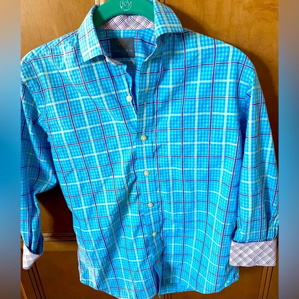 Thomas Dean Shirt Boys Blue Plaid Button Down Long Sleeve Dress Oxford